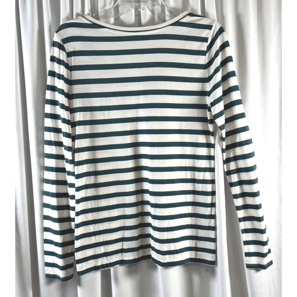 Ann Taylor LOFT Womens Green White Striped Scoop‎ Neck Long Sleeve Top Size M